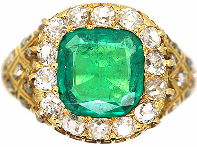 Victorian 18ct Gold, Emerald & Diamond Cluster Ring with Diamond Set Shoulders