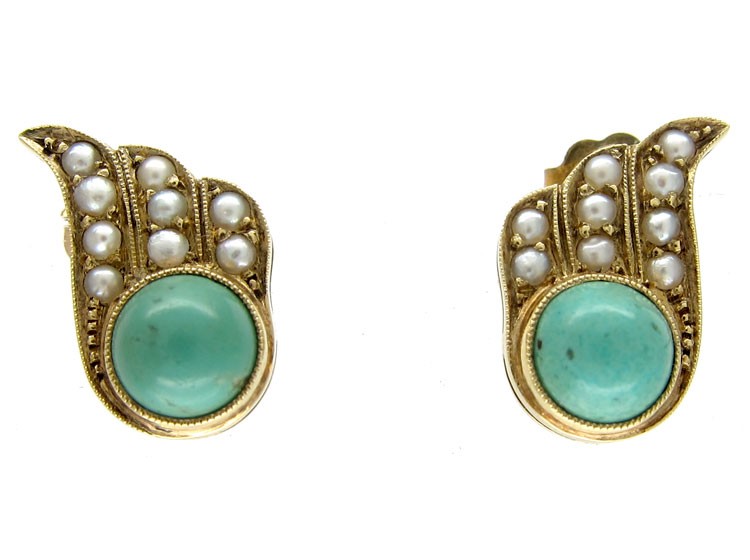 Turquoise & Pearl Stud Earrings The Antique Jewellery Company