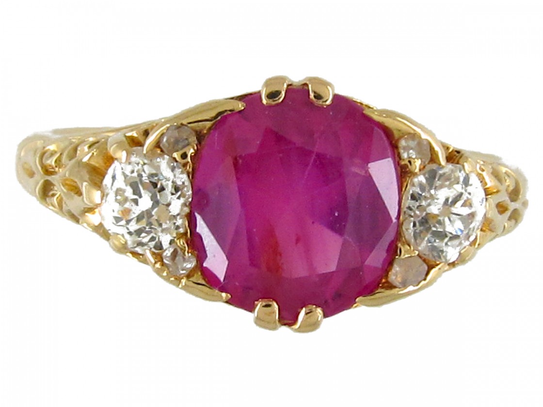 Victorian Pink Sapphire & Diamond Three Stone Ring The Antique Jewellery Company