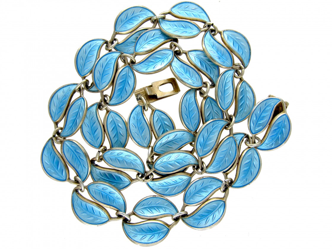 David Andersen Blue Enamel & Silver Leaf Necklace The Antique