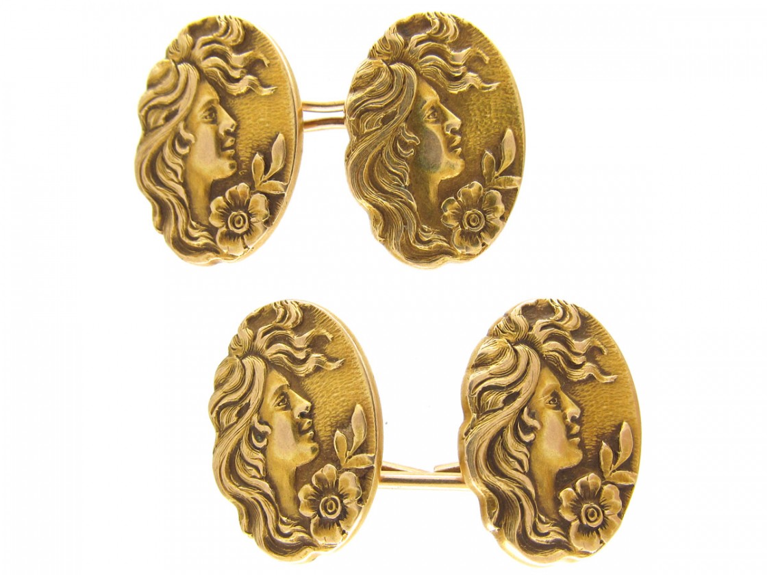 Art Nouveau Gold Cufflinks of Ladies Heads The Antique Jewellery Company