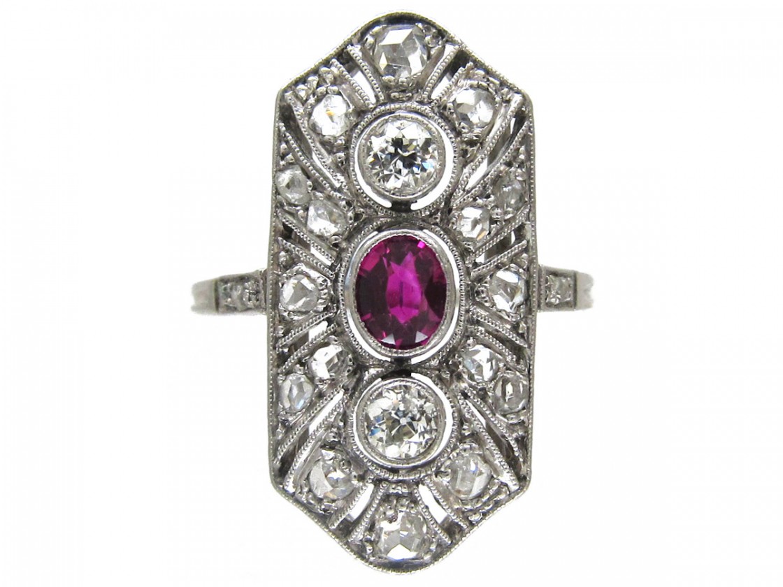 Art Deco Ruby & Diamond Rectangular Ring The Antique Jewellery Company