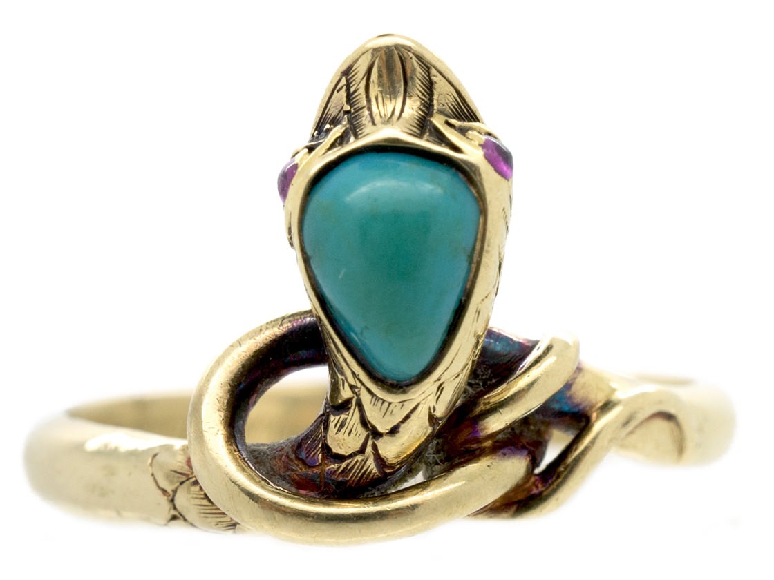 Victorian 18ct Gold Snake Ring set with a Turquoise & Ruby Eyes - The