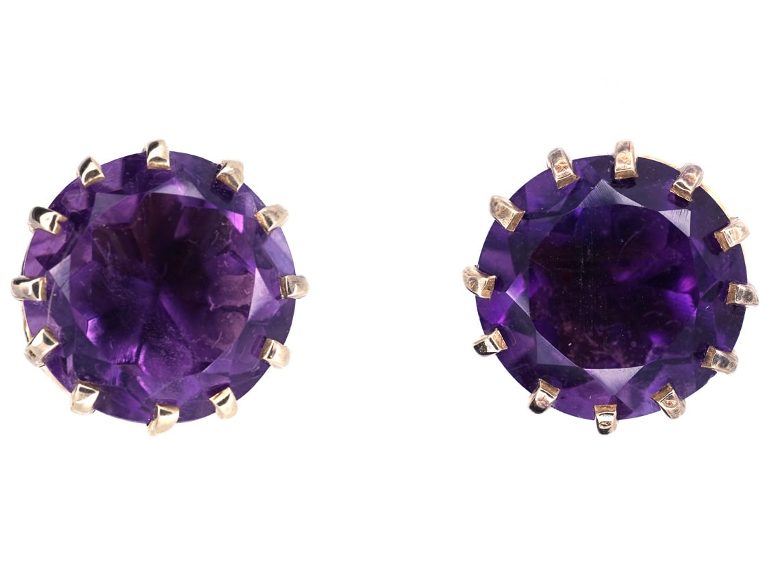 9ct Gold & Amethyst Round Stud Earrings The Antique Jewellery Company