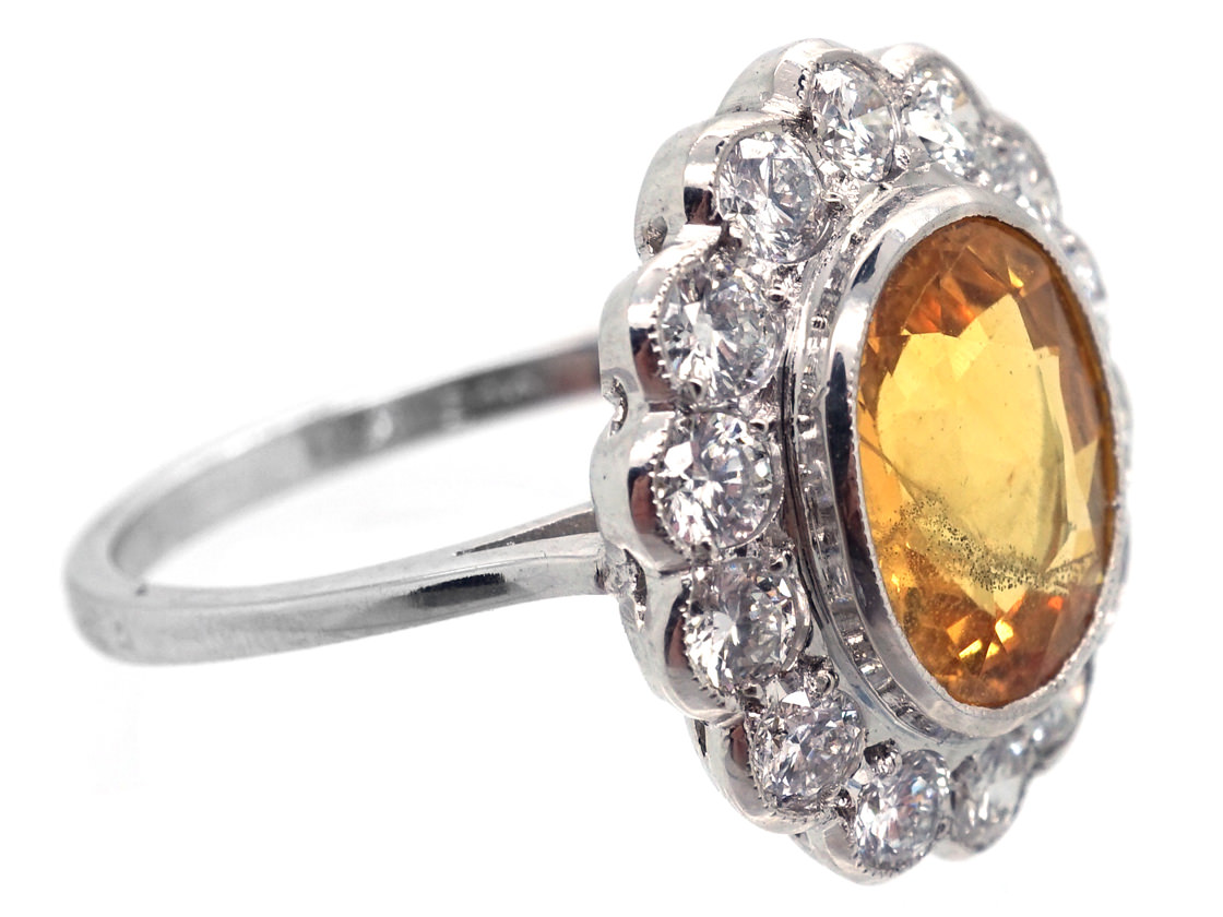 18ct White Gold Yellow Sapphire & Diamond Cluster Ring - The Antique