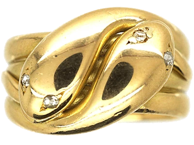 Edwardian 18ct Gold Double Snake Ring with Rose Diamond Eyes
