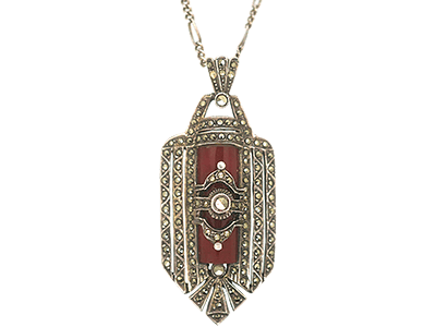 Art Deco Silver, Carnelian & Marcasite Pendant on Silver Chain