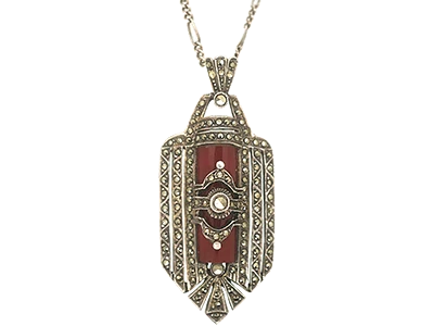 Art Deco Silver, Carnelian & Marcasite Pendant on Silver Chain