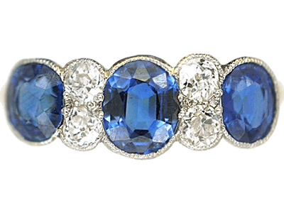 Art Deco 18ct Gold & Platinum, Three Stone Sapphire & Diamond Ring