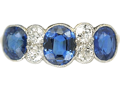 Art Deco 18ct Gold & Platinum, Three Stone Sapphire & Diamond Ring