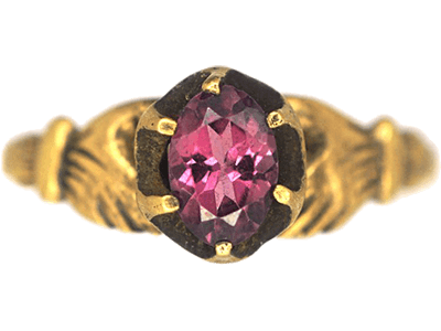 Regency 18ct Gold Fede Ring set with a Garnet with a Hand on Either Side