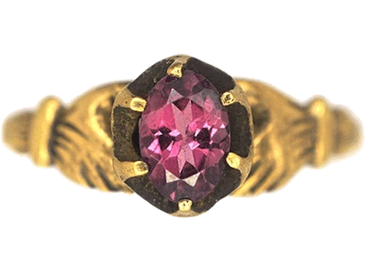 Regency 18ct Gold Fede Ring set with a Garnet with a Hand on Either Side