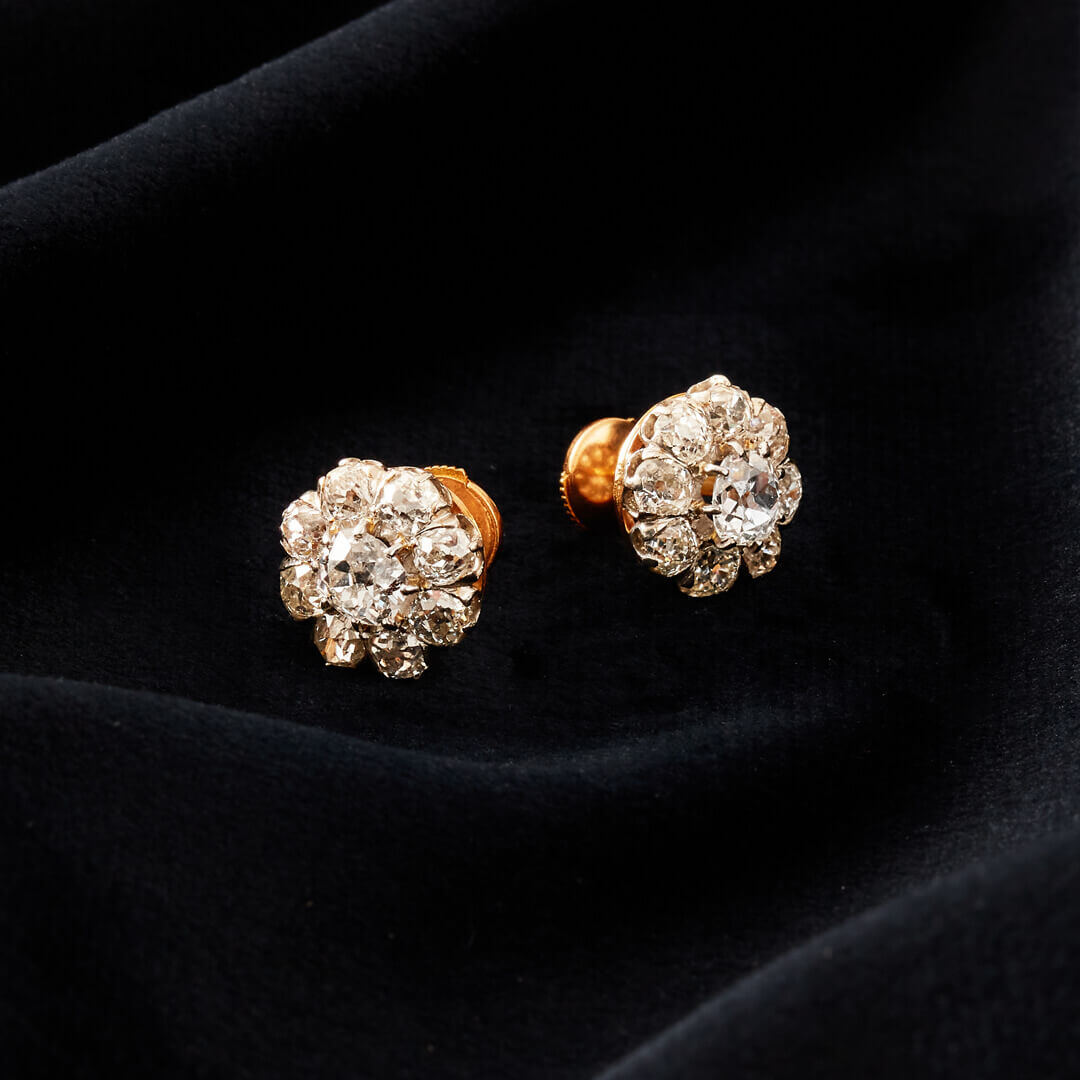 A Pair of French Belle Epoque Diamond Cluster Earrings