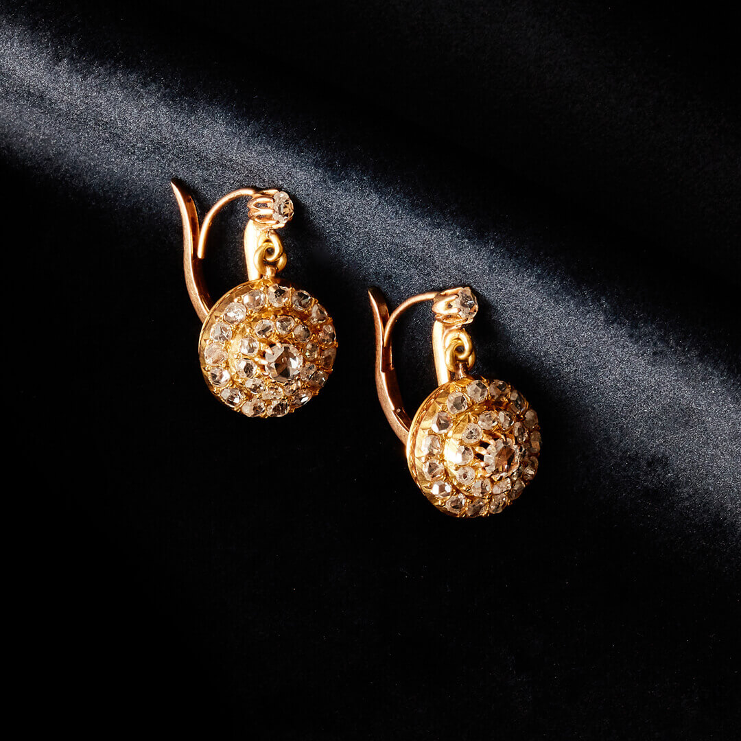 A pair of Victorian Rose Diamond Circular Drop Earrings