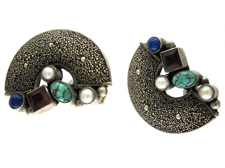 Silver & Mixed Stone German Earrings by Gustave Braendle The Antique