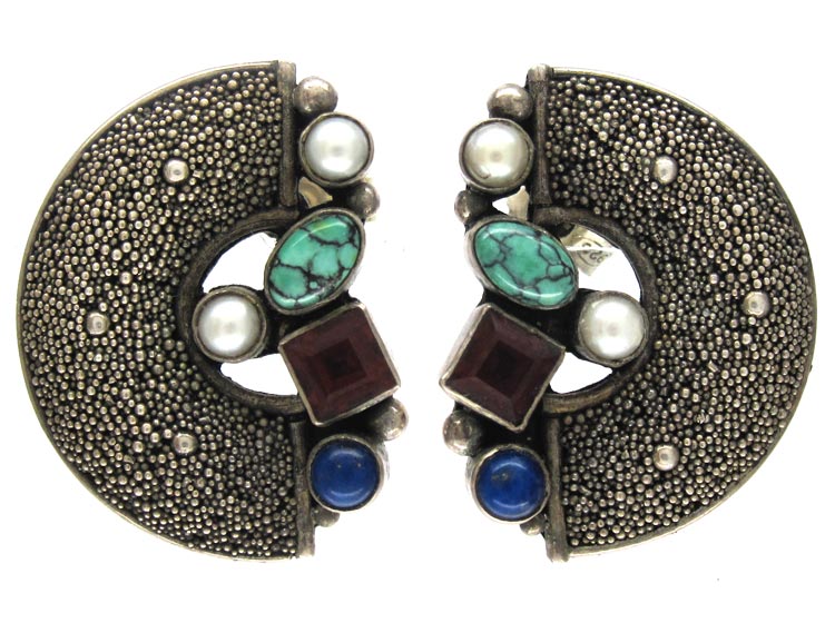 Silver & Mixed Stone German Earrings by Gustave Braendle The Antique