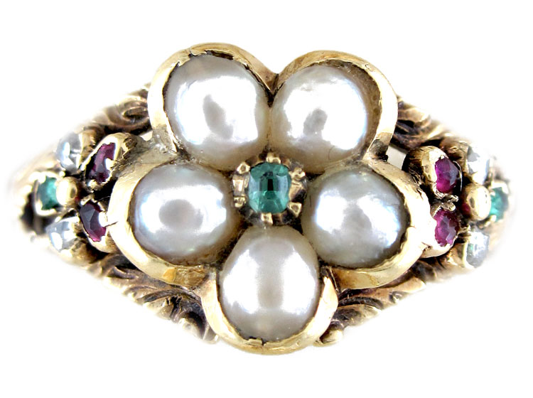 Regency Natural Pearl, Diamond, Ruby & Emerald Cluster Ring - The ...