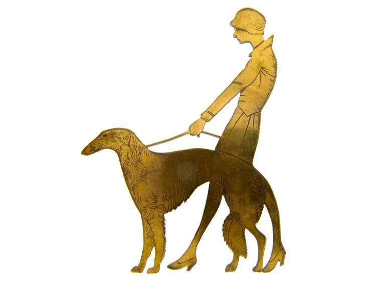 Art Deco Metal Lady & Dog Brooch The Antique Jewellery Company