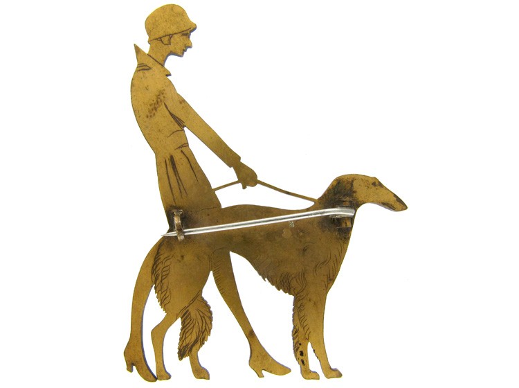 Art Deco Metal Lady & Dog Brooch The Antique Jewellery Company