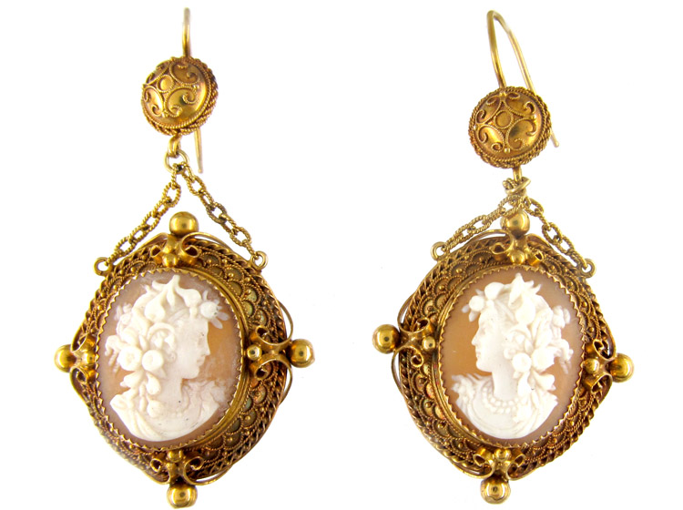 18ct Gold Cameo Drop Earrings The Antique Jewellery Company 18ct Gold Cameo Drop Earrings
