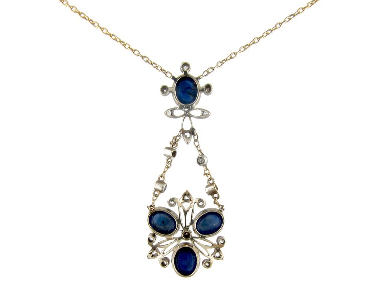 Cabochon Sapphire & Diamond Pendant on Chain - The Antique Jewellery ...