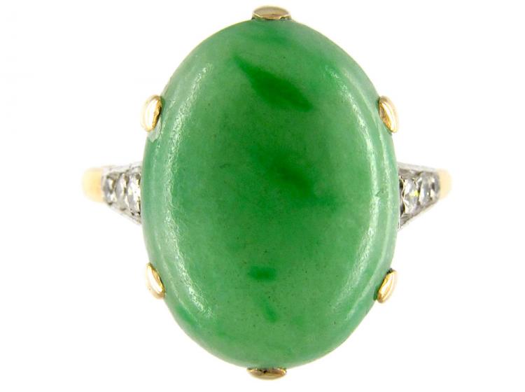 Art Deco Single Stone Jade Ring with Diamond Detail The Antique