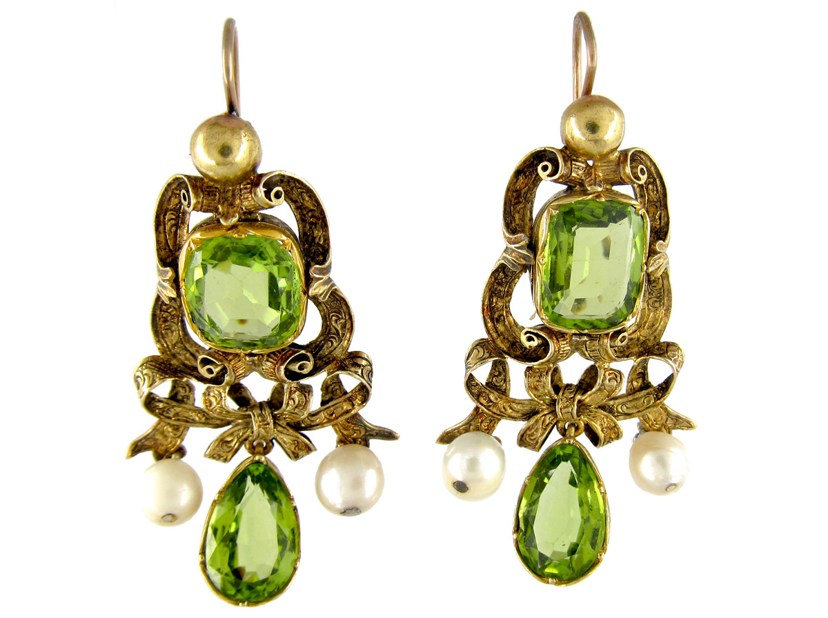 Peridot & Pearl Gold Drop Earrings The Antique Jewellery Company