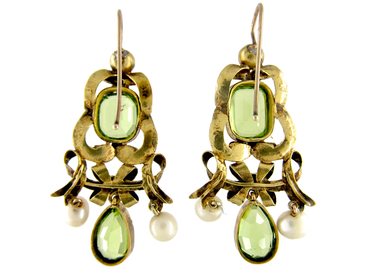 Peridot & Pearl Gold Drop Earrings The Antique Jewellery Company