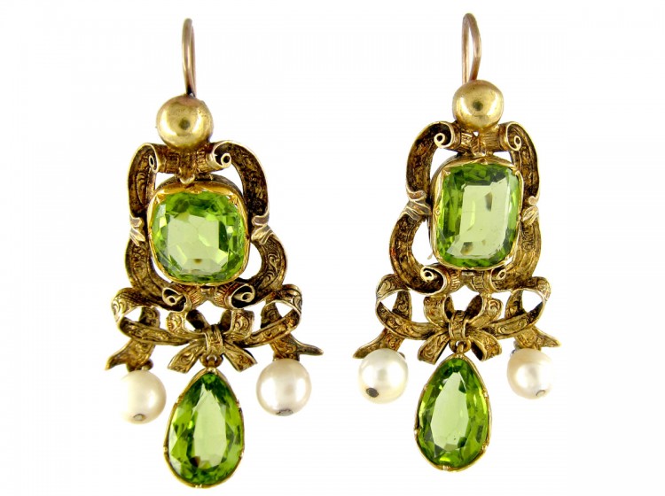 Peridot & Pearl Gold Drop Earrings - The Antique Jewellery Company