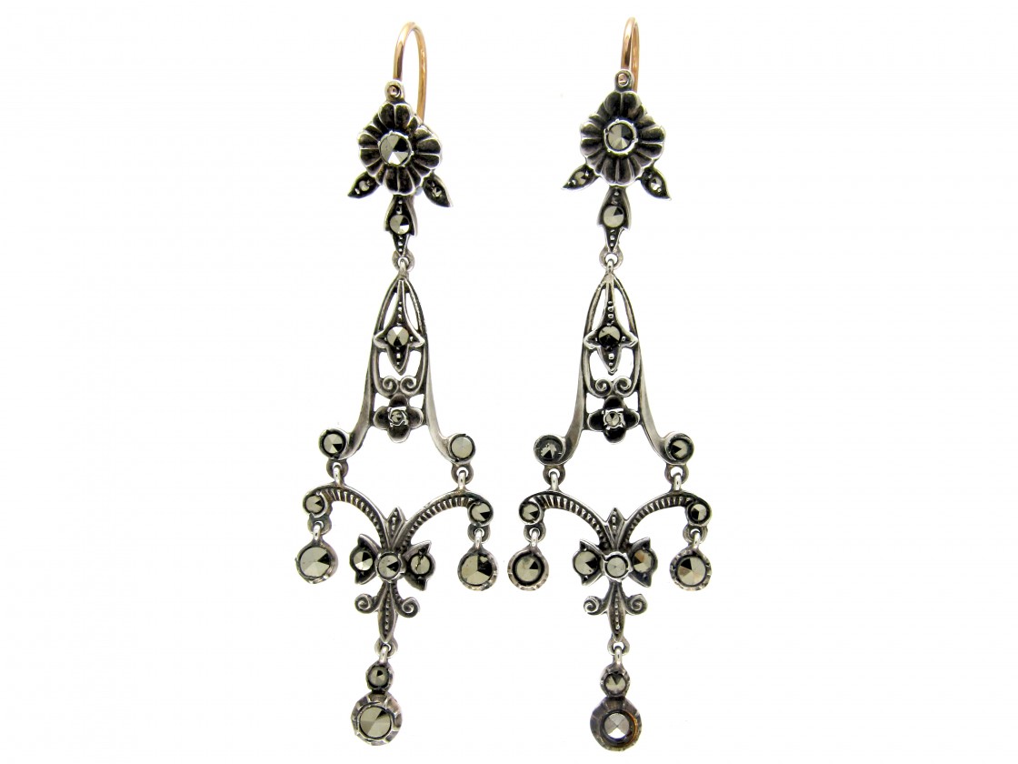 Long Drop Edwardian Silver Gold Marcasite Earrings The Antique Long Drop Edwardian Silver Gold Marcasite Earrings