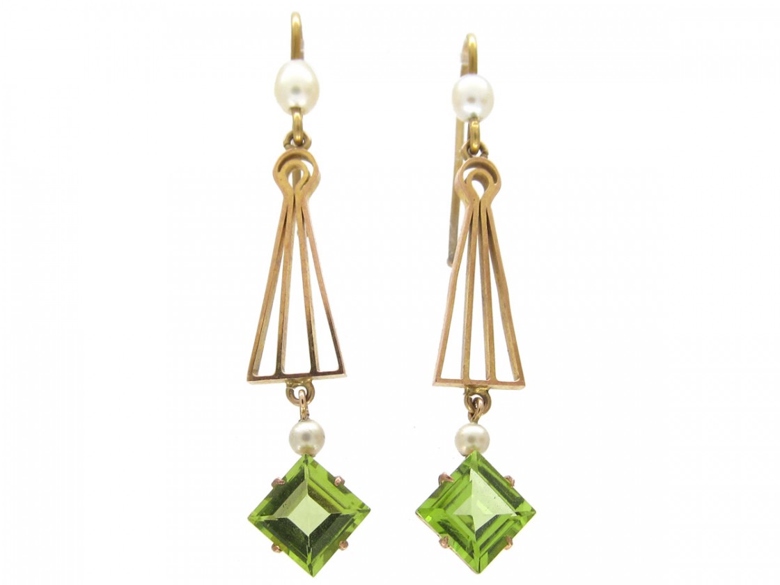 Peridot & Pearl Drop Earrings The Antique Jewellery Company