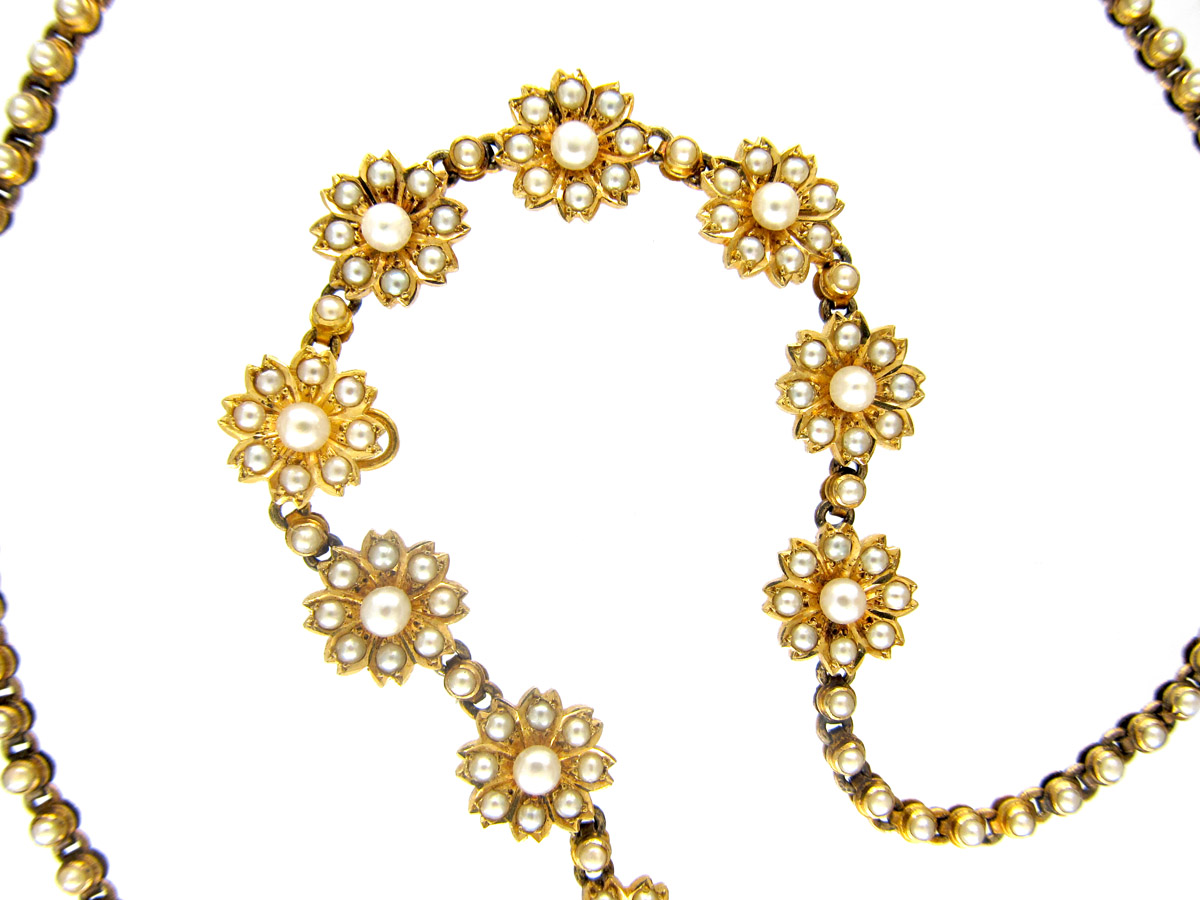 Victorian 15ct Gold & Natural Split Pearl Flower Necklace The Antique
