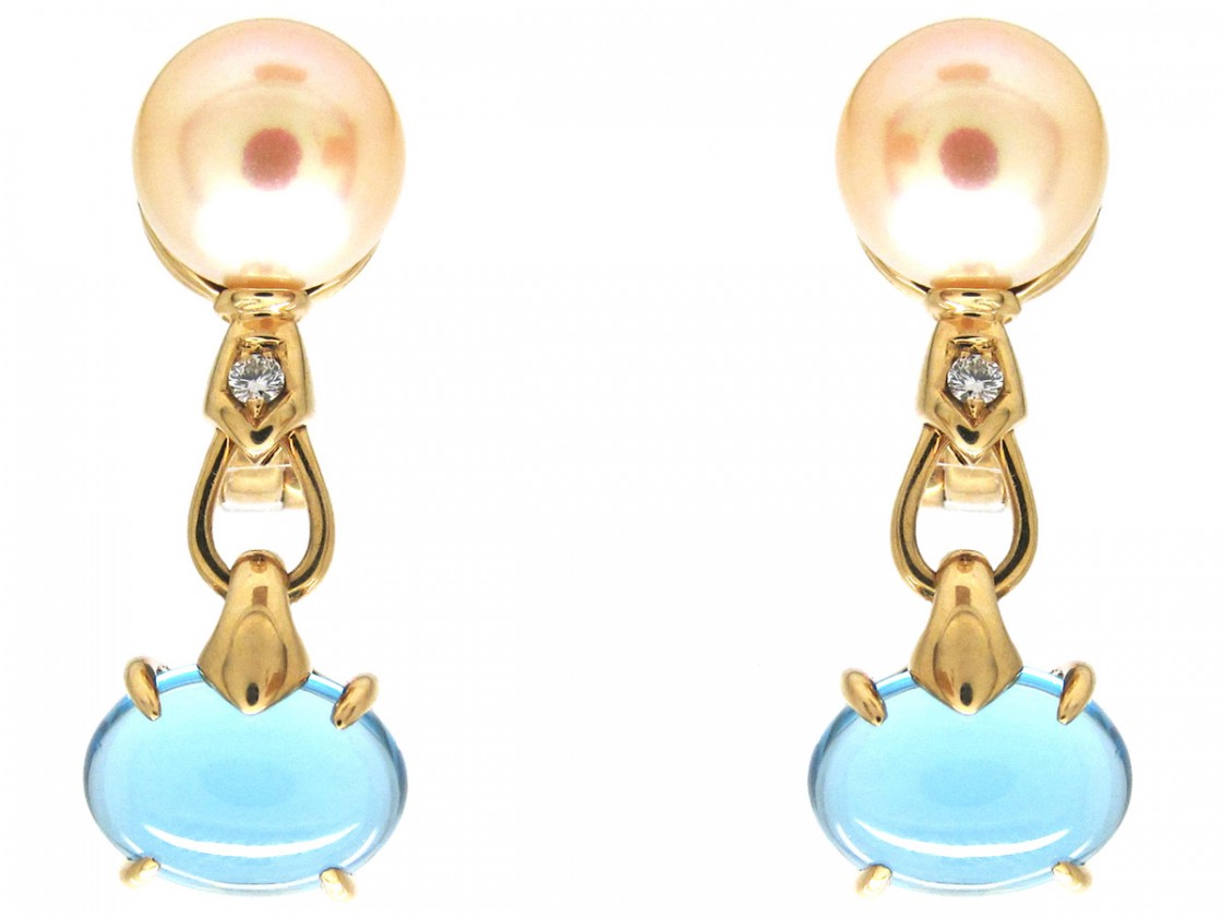 18ct Gold Blue Topaz Diamond Pearl Earrings By Bulgari The 18ct Gold Blue Topaz Diamond Pearl Earrings By Bulgari