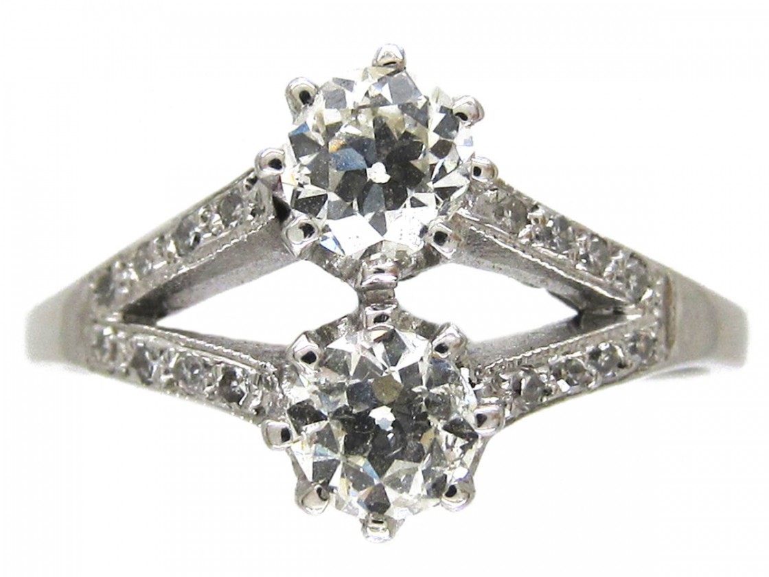 Two Stone White Gold Diamond Art Deco Ring - The Antique Jewellery Company