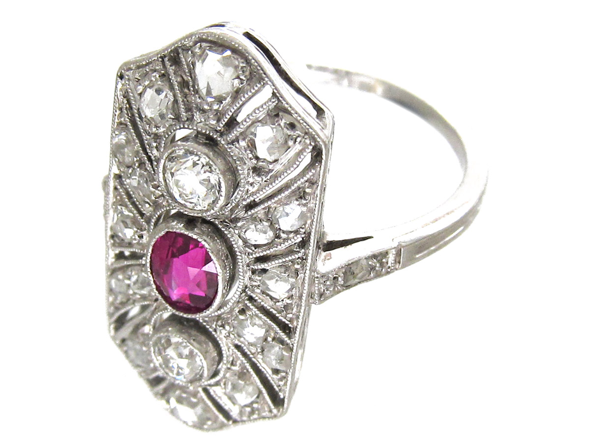 Art Deco Ruby & Diamond Rectangular Ring The Antique Jewellery Company