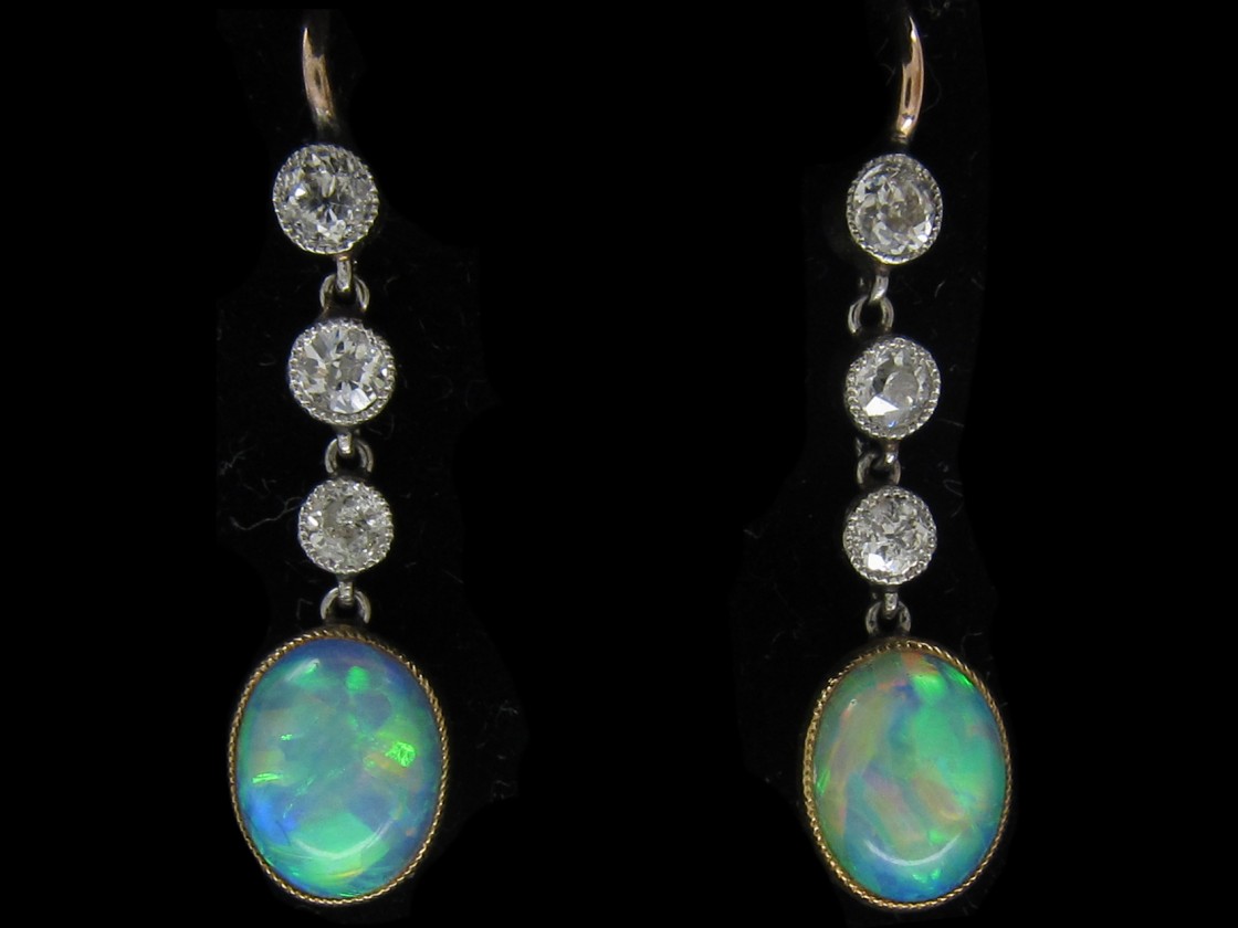 Edwardian Opal & Diamond Drop Earrings - The Antique Jewellery Company