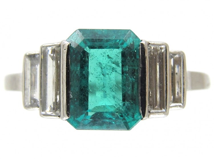 Art Deco Emerald & Diamond Baguette Ring The Antique Jewellery Company