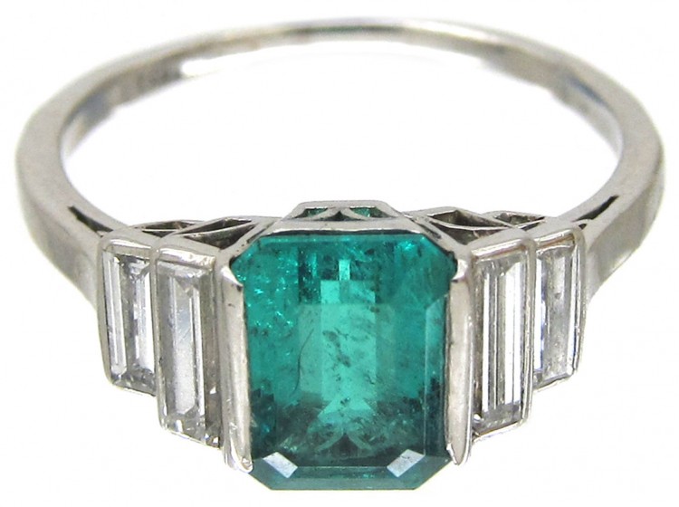 Art Deco Emerald & Diamond Baguette Ring The Antique Jewellery Company