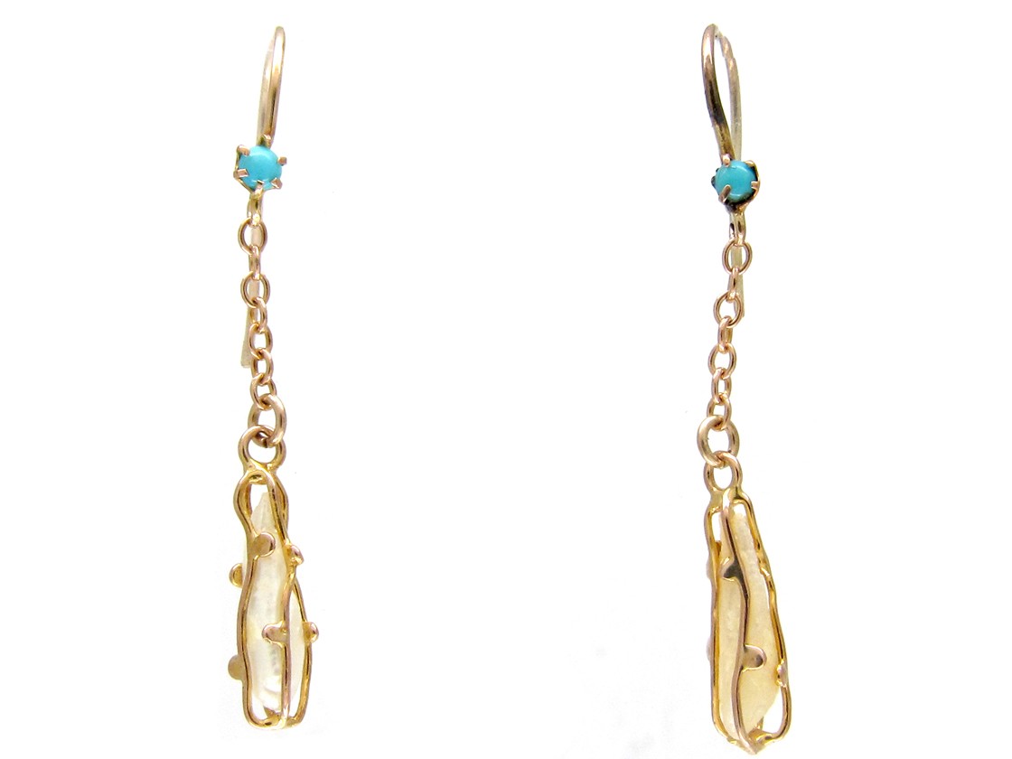 Art Nouveau 9ct Gold Caged Pearl Turquoise Earrings The Antique Art Nouveau 9ct Gold Caged Pearl Turquoise Earrings