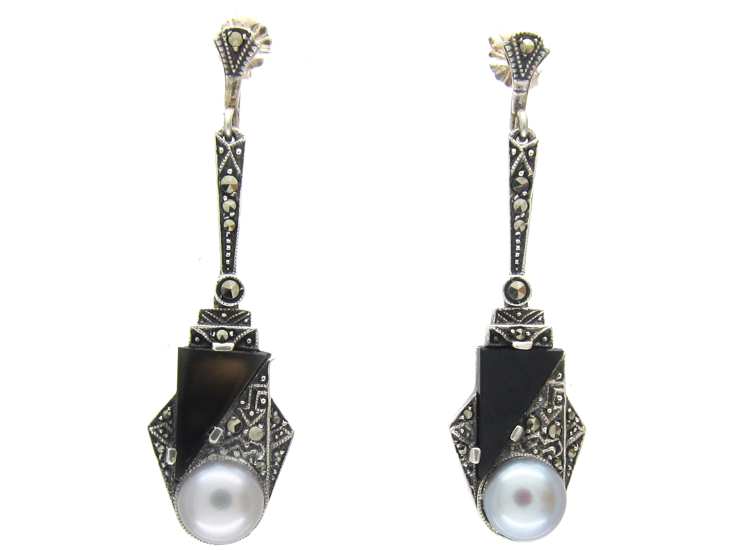 Art Deco Silver, Onyx, Pearl & Marcasite Earrings The Antique