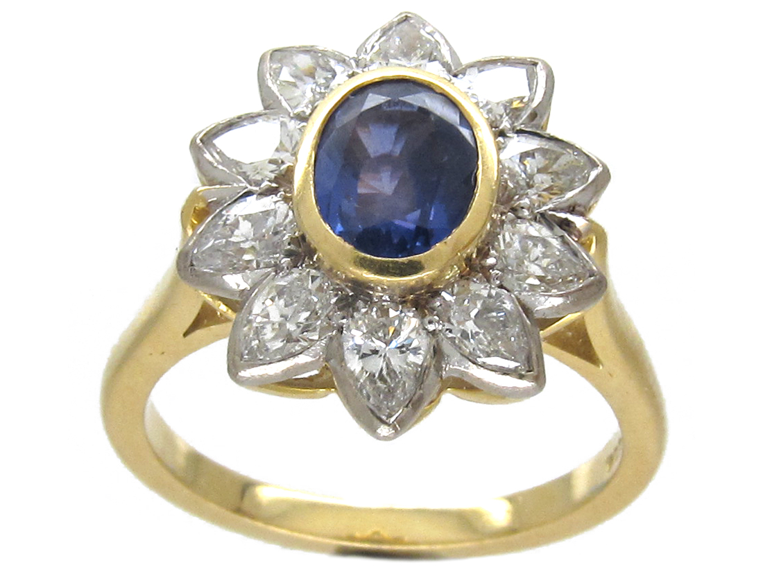 18ct Gold Sapphire & Diamond Pointed Petal Flower Ring The Antique