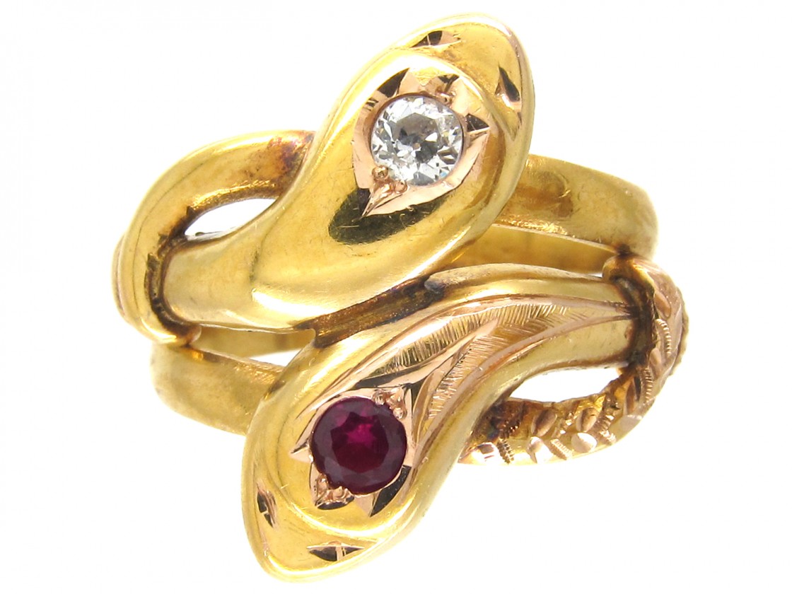 18ct Gold Double Snake Ring set with a Ruby & Diamond - The Antique
