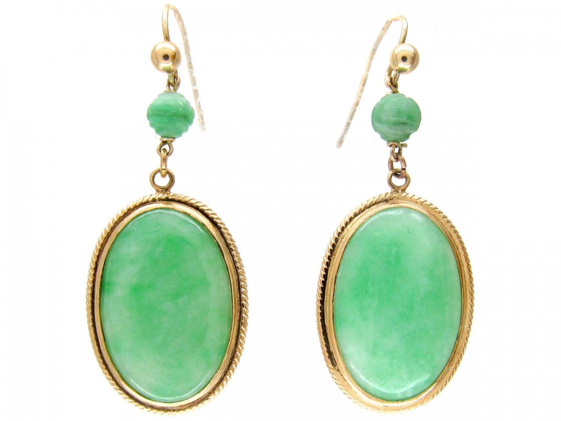 Oval 18ct Gold Jade Drop Earrings The Antique Jewellery Company Oval 18ct Gold Jade Drop Earrings