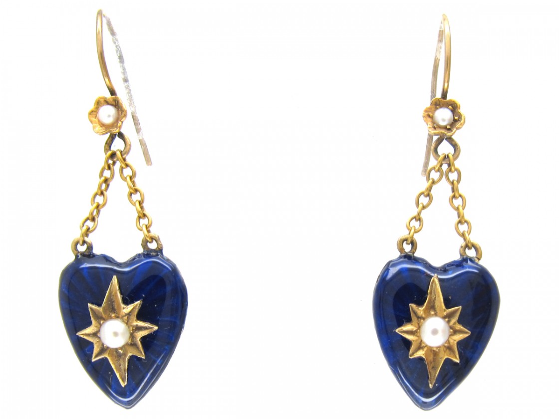 Edwardian Blue Enamel & Natural Split Pearl Heart Shape Drop Earrings The Antique Jewellery