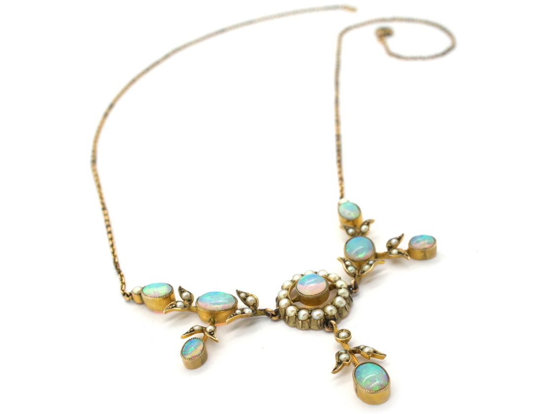 9ct Gold Edwardian Opal & Natural Split Pearl Necklace in Original Case The Antique Jewellery