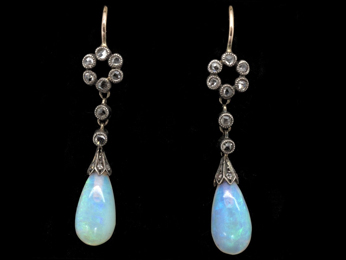 Edwardian Opal & Diamond Drop Earrings - The Antique Jewellery Company
