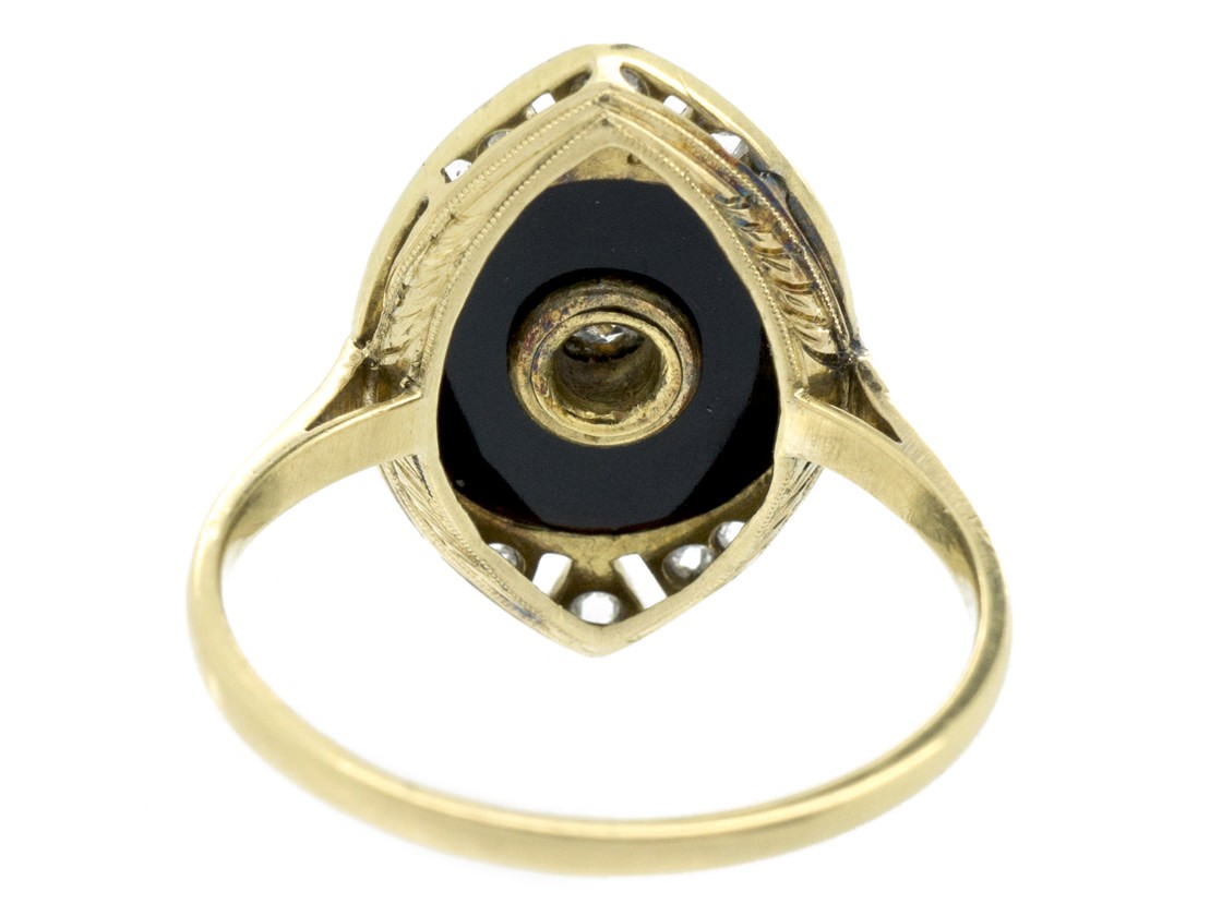 Art Deco 18ct Gold & Platinum Diamond, Onyx & Emerald Marquise shaped