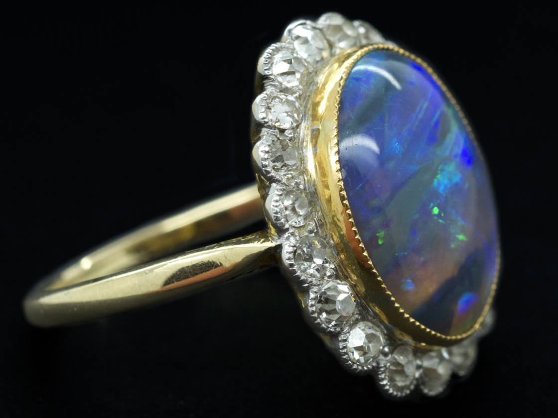 Edwardian 18ct & Platinum Black Opal & Diamond Ring The Antique