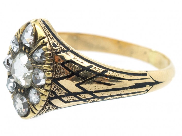 Victorian 18ct Gold & Black Enamel Marquise Ring set with Rose Diamonds ...