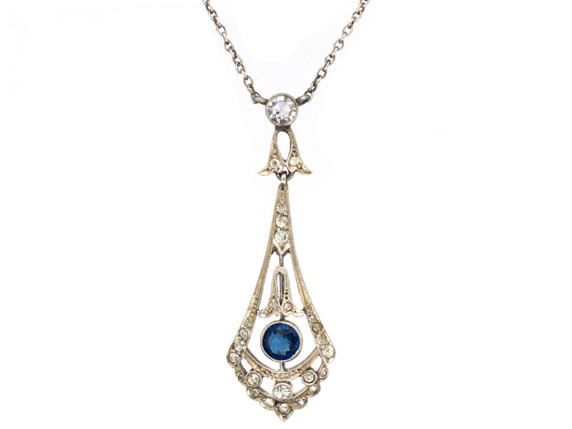 Art Deco Silver & Paste Pendant on Silver Chain - The Antique Jewellery